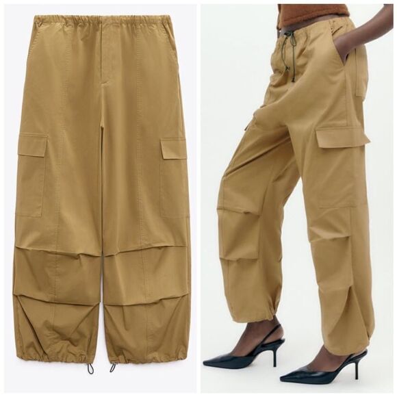 Zara Parachute Cargo Pants Taupe Brown New - Picture 1 of 9